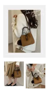 Borsa a secchiello in camoscio rétro da donna, elegante tracolla intrecciata con chiusura.