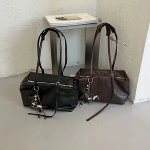 Retro PU Leather Boston Bag For Women Large Capacity Casual Shoulder Bag Vintage Handbag With Cute Dog Pendant