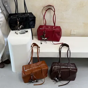 Large capacity boston shoulder bag retro casual tote bag with cute puppy pendant for daily use.