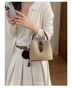 Borsa secchiello in pelle scamosciata retrò coreana con chiusura in metallo per donne.