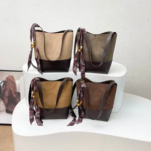 Korean vintage retro γυναικεία τσάντα ώμου σουέτ bucket casual καθημερινή τσάντα χειρός