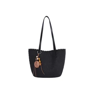 Black woven shoulder bag women's bucket bag trendy casual stylish retro underarm handbag