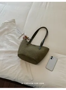 Olive Green Woven Bucket Bag Stylish Casual Shoulder Bag Elegant Retro Daily Purse