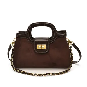 Borsa a mano marrone in camoscio con catena, elegante borsa a tracolla retro per le donne.