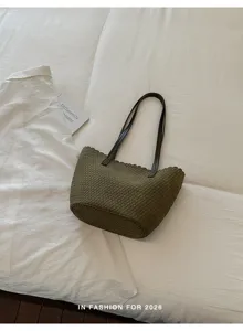 Woven Underarm Bag Olive Green Casual Shoulder Bucket Bag Retro Tote Bag Chic Purse