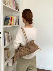 Korean style vintage polka dot suede shoulder bag large capacity casual tote bag for women