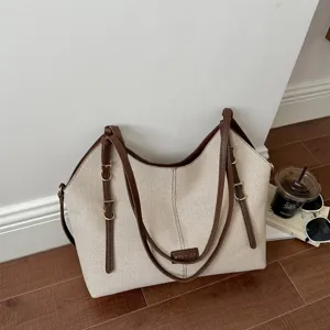 Vintage καμβάς τσάντα shopper με καφέ δερμάτινα λουριά μεγάλη γυναικεία τσάντα ώμου