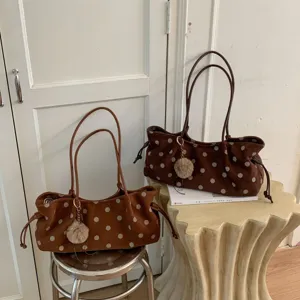 Korean style brown polka dot shoulder bag large capacity casual tote bag retro chic handbag
