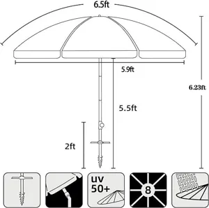 Portable folding beach umbrella with UV 50+ protection, 8 ribs, and sturdy ground stake.