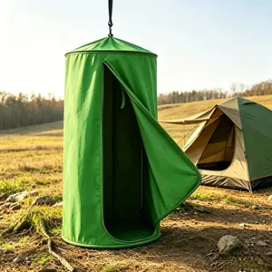 Tente de douche et d'habillage suspendue militaire verte portable pour le camping en plein air.