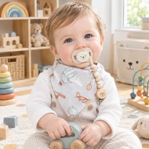 Detail shot of a baby wearing a soft cotton printed triangle bib with cute hot air balloon pattern.
