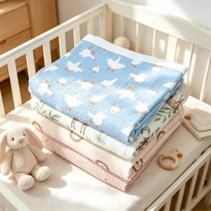 Baby cotton blanket four-layer thickened gauze infant swaddle cute animal pattern soft crib quilt