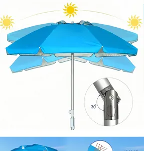 Portable blue beach umbrella with aluminum frame and 30 degree tilt function for outdoor sun protection.