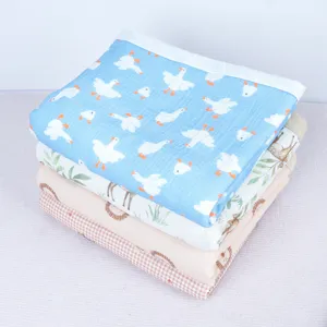 Thickened baby blanket with cute goose, deer and hedgehog patterns, soft breathable cotton.