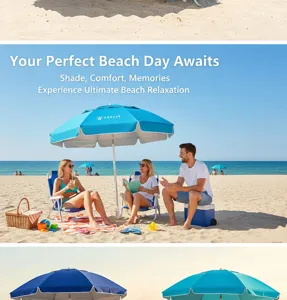 Foldable portable beach umbrella with windproof aluminum pole for outdoor UV protection and shade.