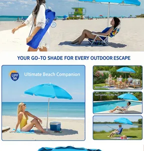 Portable beach umbrella with UPF 50 sun protection, lightweight folding design for outdoor fun.