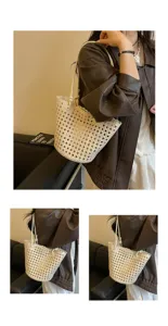 Stylish hollow woven shoulder bucket bag, large capacity summer casual tote bag for women.