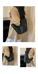 Black woven tote bag for women, large capacity stylish shoulder handbag, casual commuter purse.