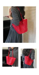 Red woven leather tote bag for women, stylish large capacity shoulder bag for daily commute.