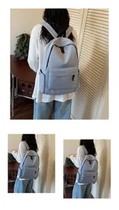 Detail view of the casual large capacity student backpack worn by model, showing multi-pocket design.