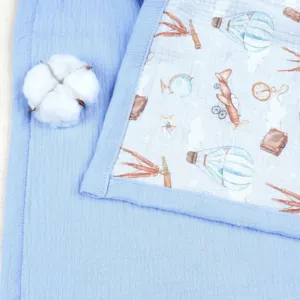 Pure cotton baby blanket with vintage airplane and balloon print, soft gauze swaddle quilt.
