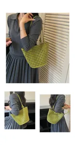 Green woven leather shoulder bag, stylish cutout design, large capacity casual tote for women.