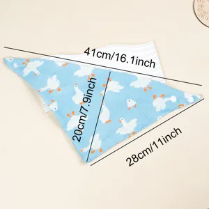 Detailed view of baby cotton gauze triangle droop bib with cute duck print and size dimensions.