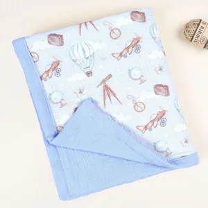 Thickened baby gauze blanket with cute travel pattern design, soft cotton material for infant.
