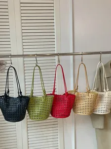 Fashion Hollow Woven PU Leather Tote Bag For Women Large Capacity Casual Commuter Shoulder Handbag Summer