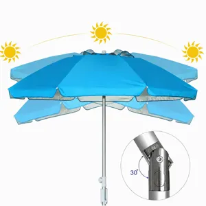 Foldable portable beach umbrella with tilt design and UV protection for outdoor relaxation.