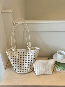 Chic woven tote bag and pouch set, PU leather large capacity shoulder handbag for women summer.