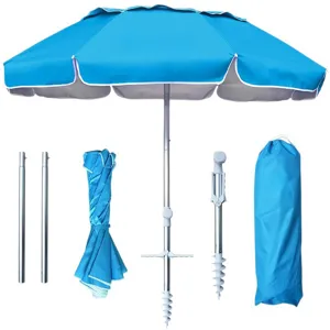 Portable folding beach umbrella with aluminum alloy poles, windproof anchor, and carry bag.
