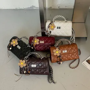 Women Quilted Chain Crossbody Bag Classic PU Leather Small Square Handbag With Turn Lock
