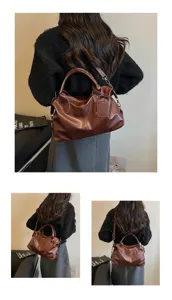 Retro bruine oliewas lederen schoudertas voor dames, vintage commuter handtas voor dagelijks.