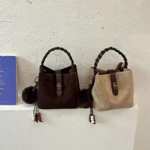 Borsa a Secchiello Vintage in Camoscio Coreano Donna Borsa da Lavoro Tinta Unita Chiusura Borsa a Tracolla Manico Superiore