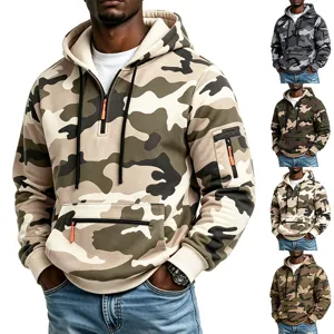 Men's camouflage tactical hoodie with half-zip, sleeve pocket, and cozy fleece lining design.