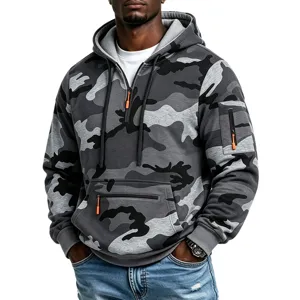 Men's Heavyweight Camouflage Fleece Hooded Sweatshirt Winter Tactical Cargo Pocket Pullover