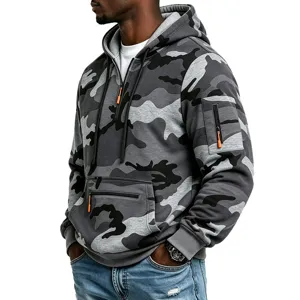Men's grey camo tactical hoodie with half zip, fleece lined, and functional pockets.