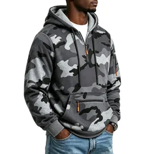 Grey camouflage tactical hoodie featuring a quarter zip, sleeve pocket, and kangaroo pocket.