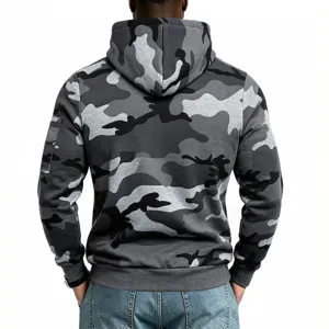Detail view of mens camo tactical hoodie, fleece lined winter sweatshirt with sleeve pocket back view.