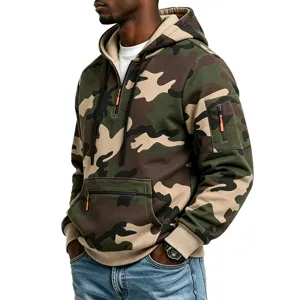 Men's fleece-lined camouflage tactical hoodie sweatshirt with half-zip and sleeve pocket details.