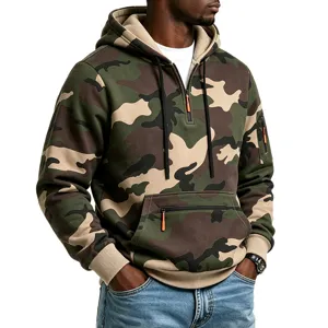 Detail view of men's fleece-lined jungle camo tactical hoodie with half-zip and utility pockets.