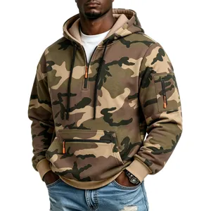 Men's heavyweight fleece-lined tactical camouflage hoodie with quarter-zip and cargo pockets.