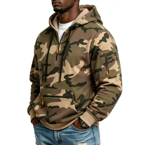 Detail view of tactical camouflage hoodie featuring half-zip collar and multiple utility pockets.