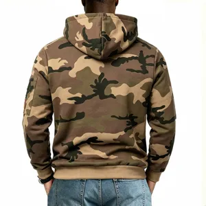 Detail view of tactical fleece camo hoodie with pocket and hood for outdoor wear.
