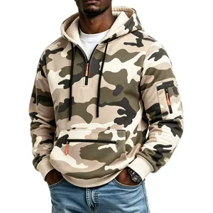 Men's fleece-lined camo tactical hoodie with half-zip, utility pockets and cozy hood.