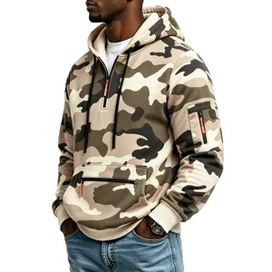 Men tactical camo hoodie fleece lined half zip pullover sweatshirt with pockets outdoorwear