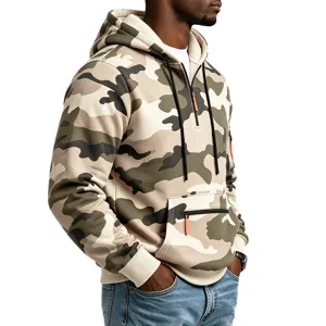 Men's tactical camo hoodie with half zipper, fleece lined heavyweight outdoor streetwear.