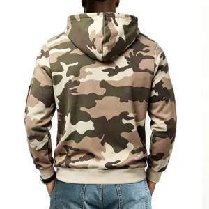 Men tactical camo hoodie with sleeve pocket, fleece lined streetwear sweatshirt for men winter