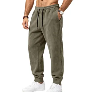 Men casual suede fleece sweatpants detail, olive green drawstring waist sport trousers view.